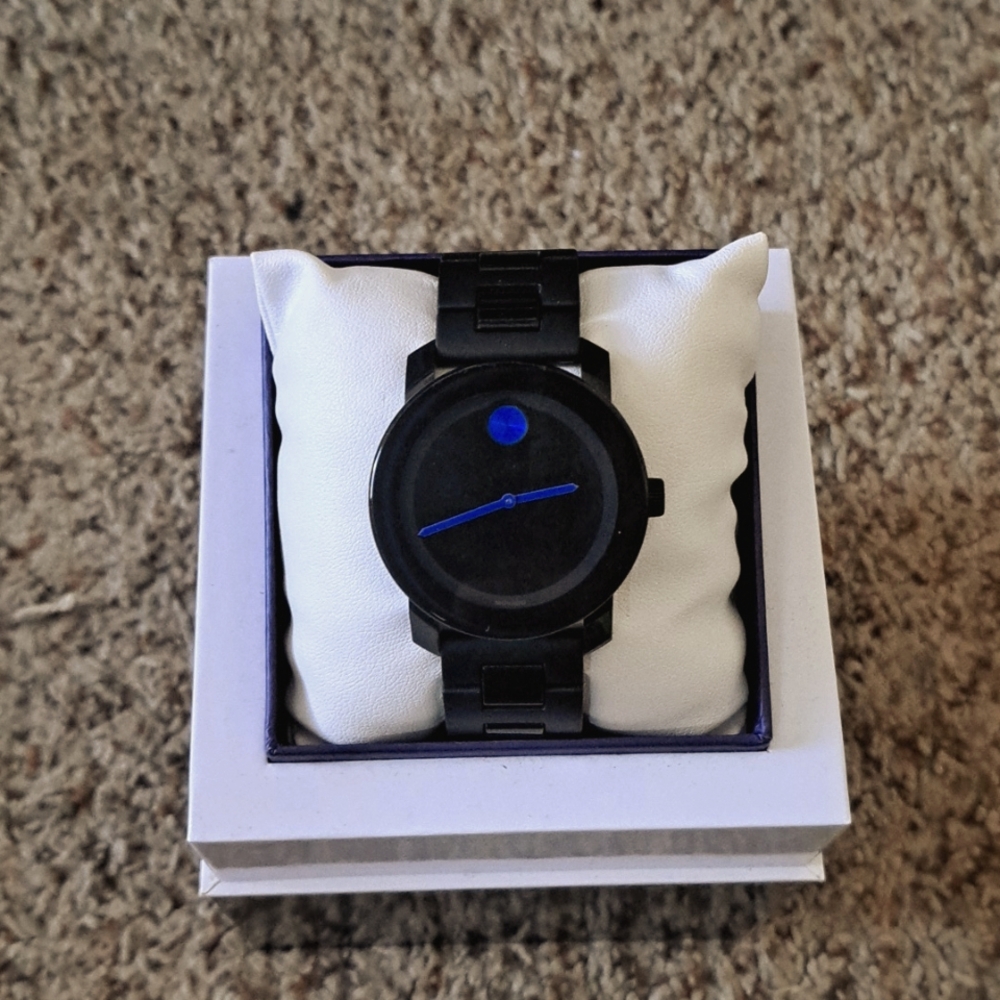 MOVADO BOLD BLACK BAND BLACK FACE BLUE DIAL WATCH